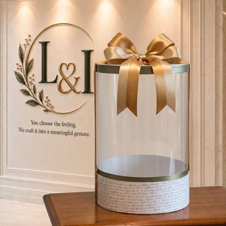 Lavish and Love fine gift box with a gold bow and elegant transparent presentation