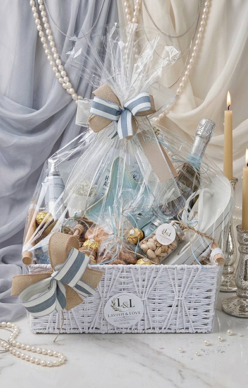Blue Petite birthday basket finished with transparent wrapping and a blue striped bow