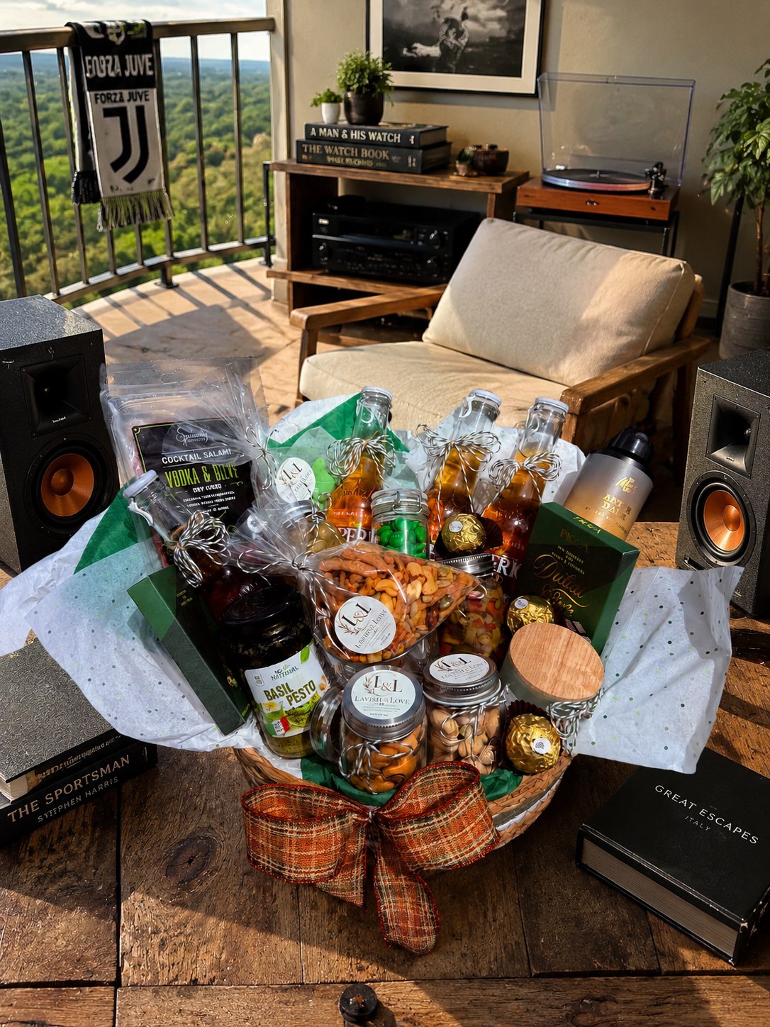 Green and orange celebration basket in a music-inspired setting