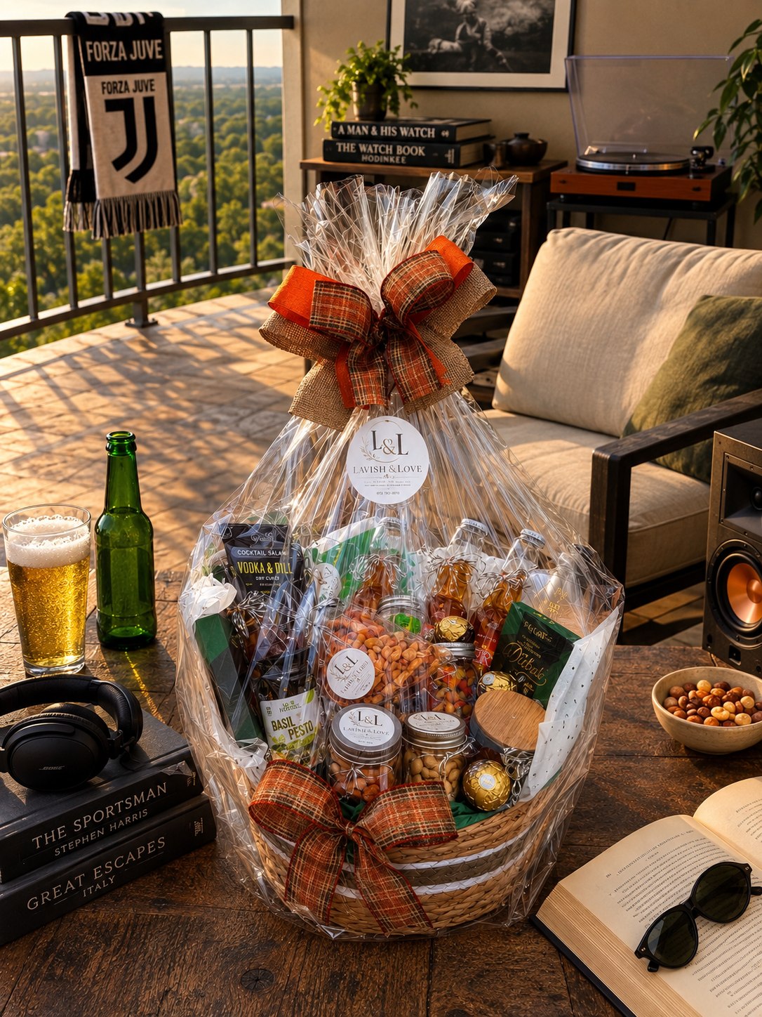 Green and orange celebration basket finished with transparent wrapping
