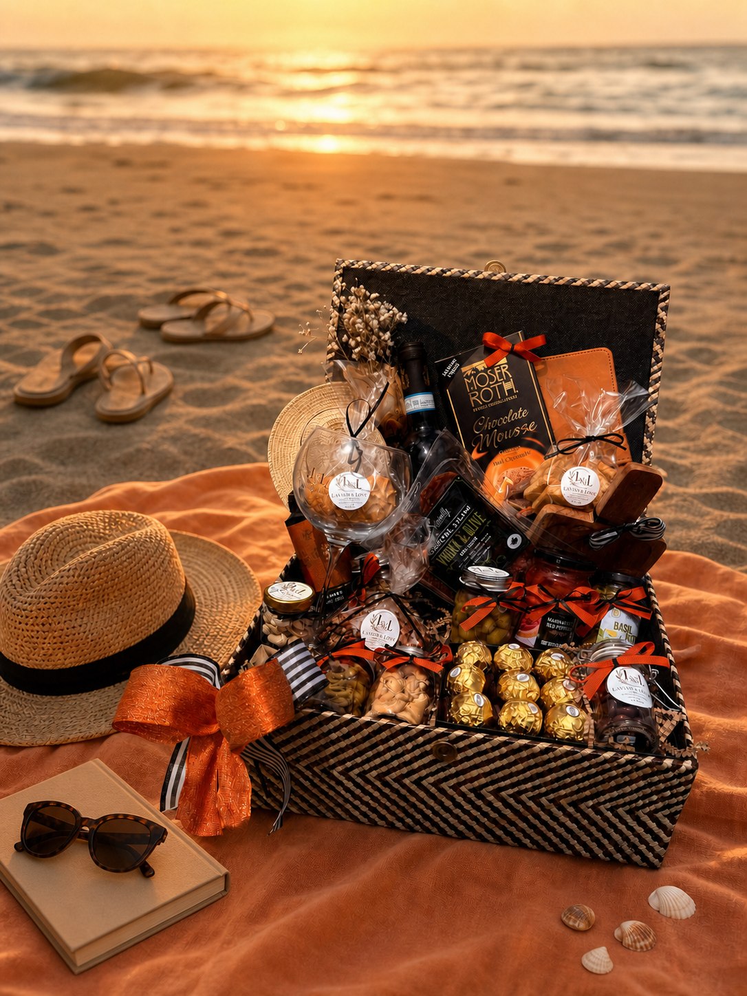 Orange and black celebration basket presented in a warm sunset setting