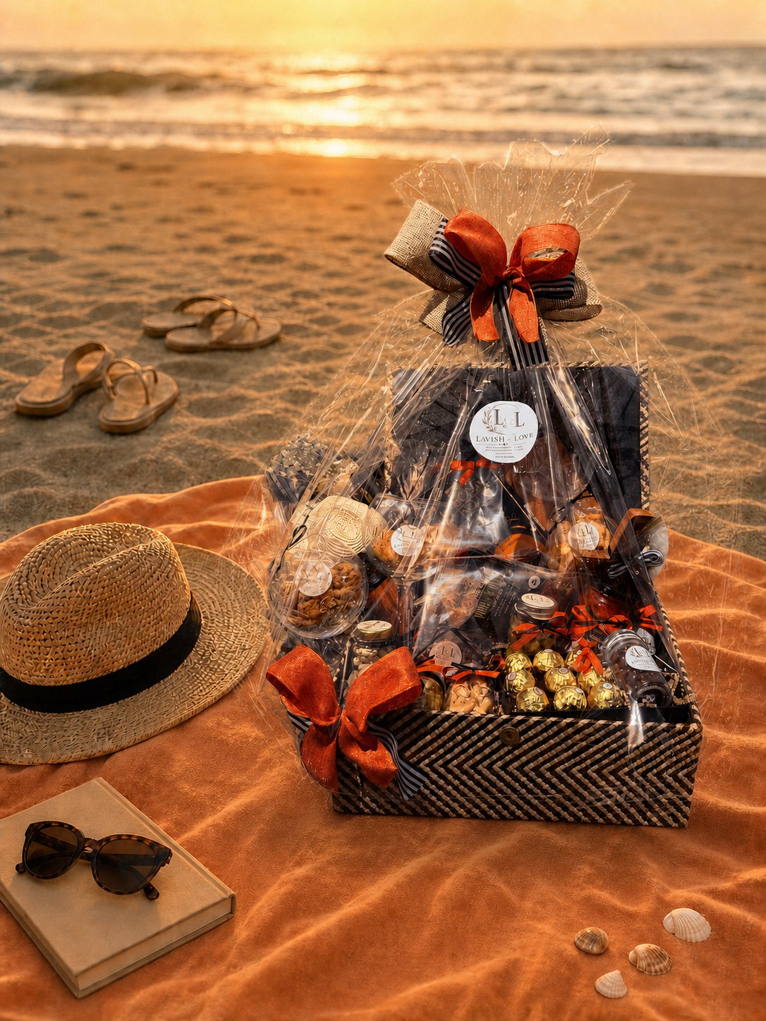 Orange and black celebration basket finished with transparent wrapping