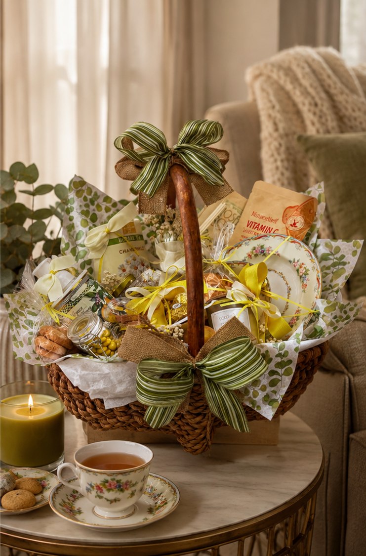 Open yellow and green tea-time basket with thoughtful treats and serving pieces