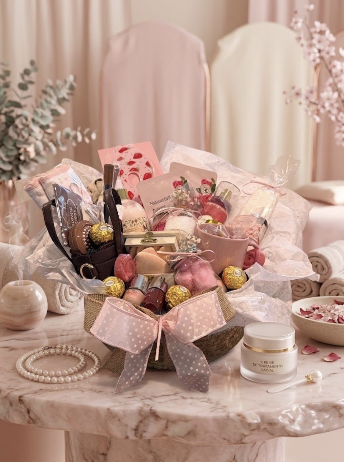 Light pink wellness basket with self-care details